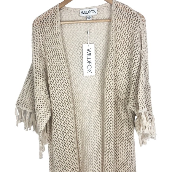 New with tag Wildfox Kelso Fringe Sleeve Cream Crochet Long Kimono Wrap Cardigan - Picture 10 of 16